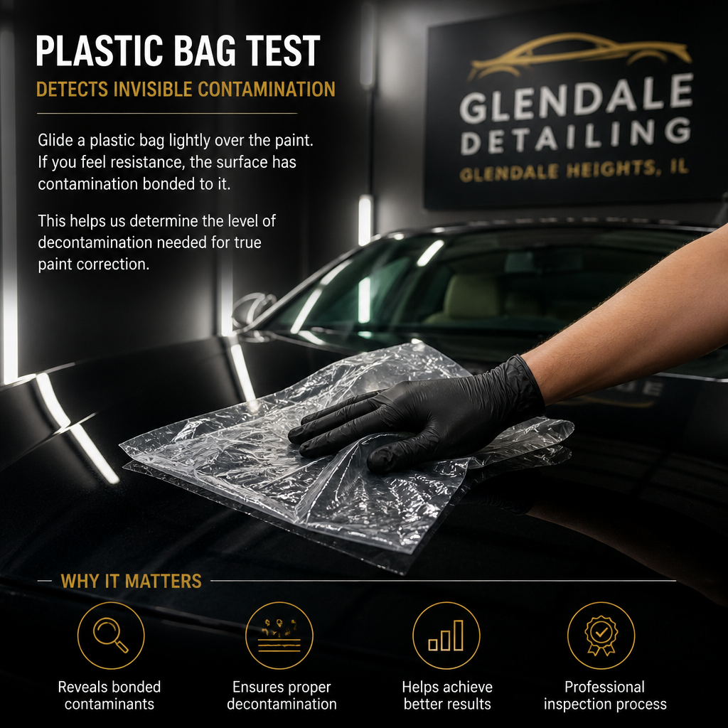 Detailing technician performing the plastic bag contamination test on car paint