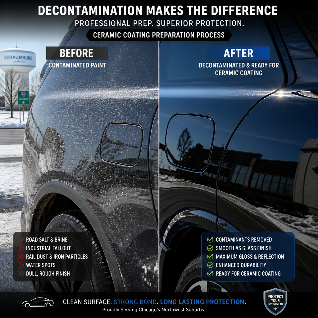 Before-and-after view of car paint after professional decontamination and treatment