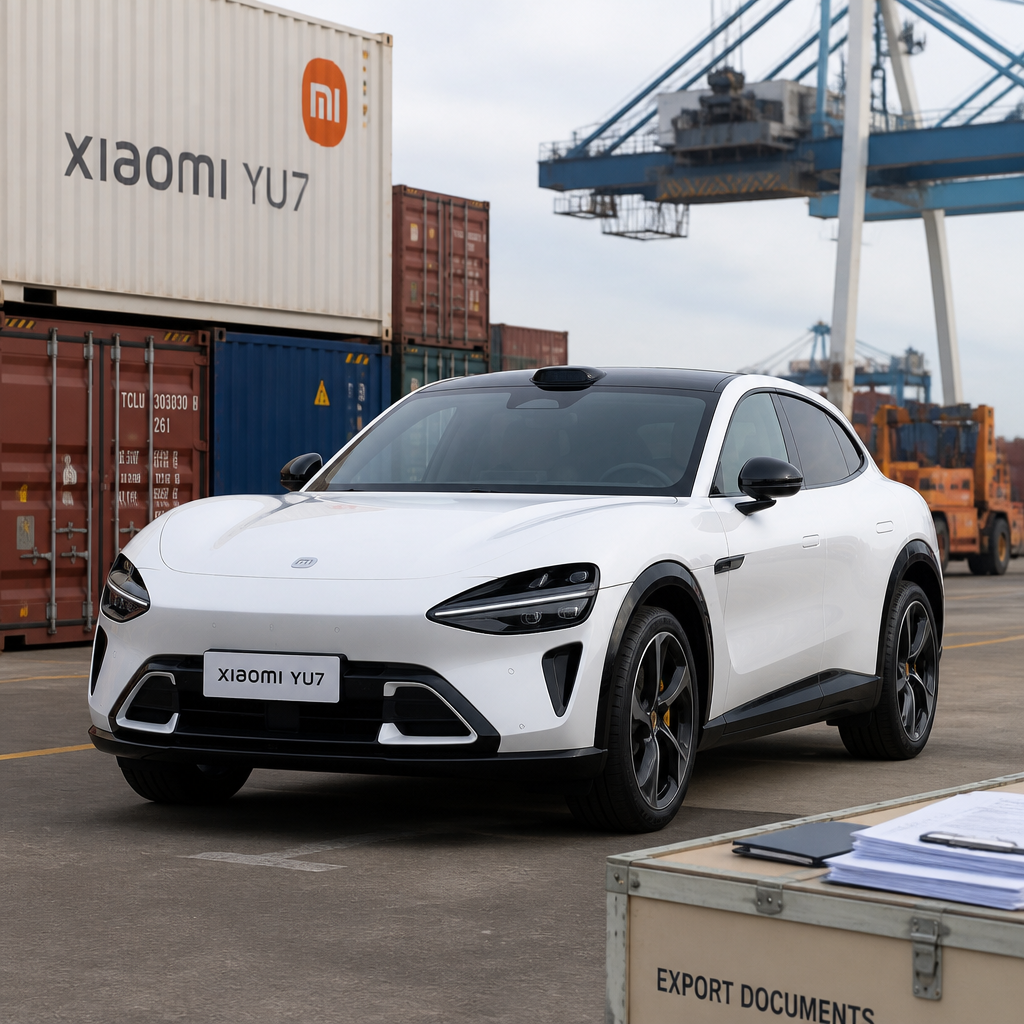 Xiaomi YU7 electric vehicle at an international export logistics facility with shipping containers