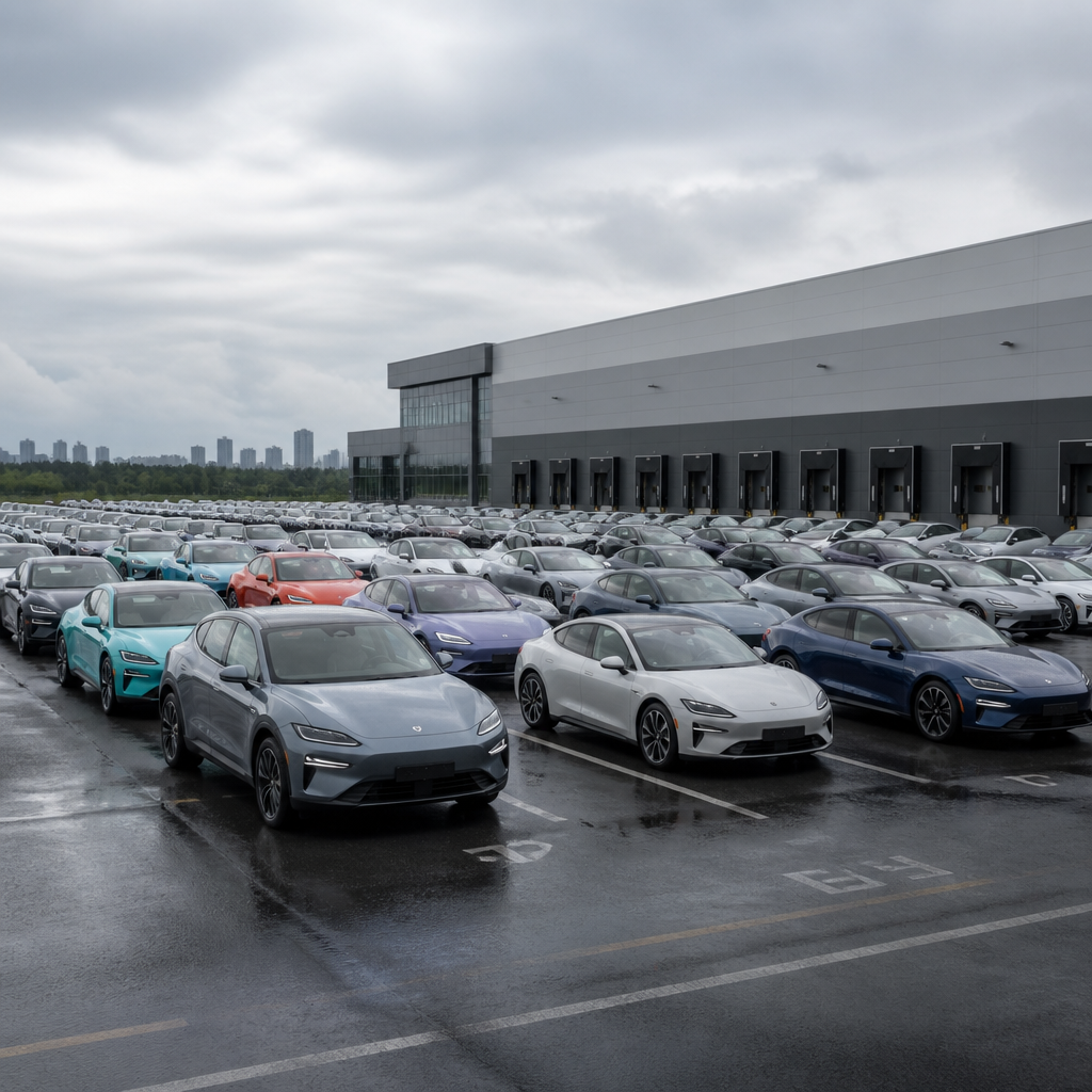 Fleet of Xiaomi electric vehicles staged at a distribution and fleet management center