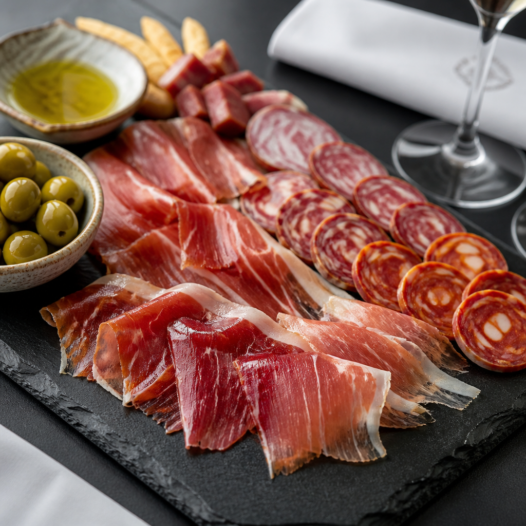 Curated Iberian ham and cured meats tasting menu arranged on dark slate for fine dining