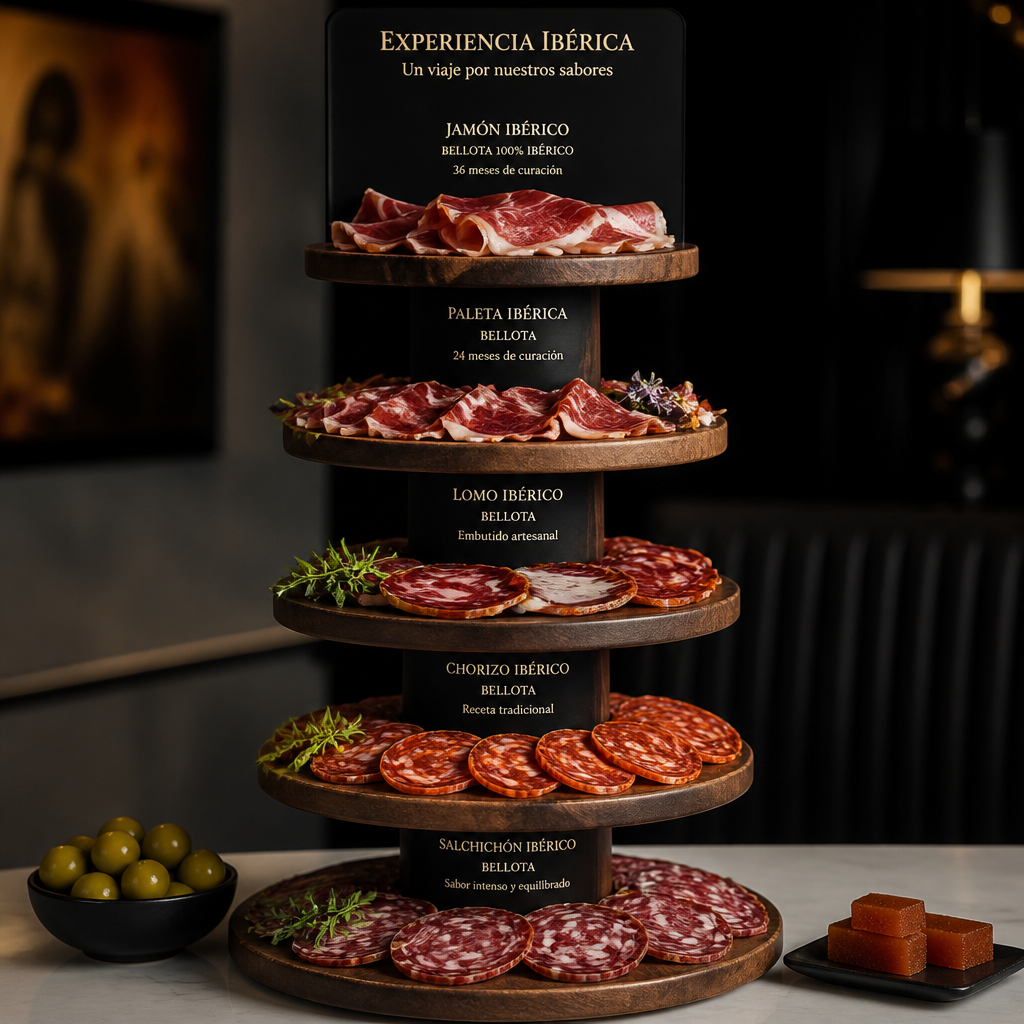 Tiered wooden boards displaying progressive tasting portions of premium Iberian ham and Spanish cured meats