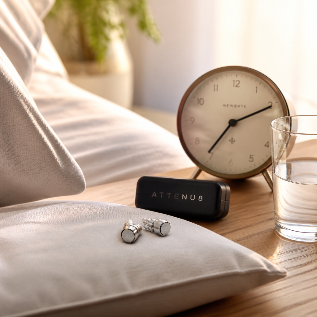 ATTENU8 ear plugs displayed on a bedside nightstand in a peaceful sleep environment