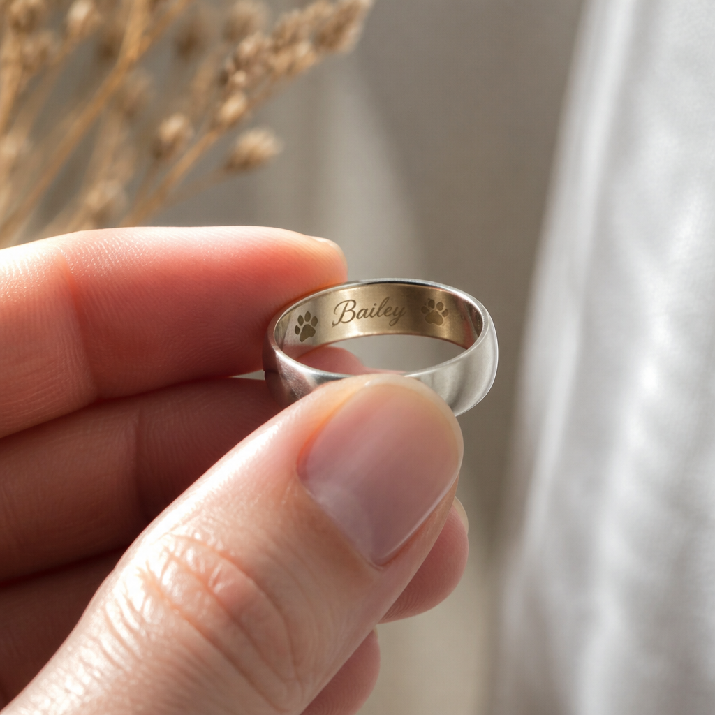 Close-up of an engraved pet memorial ring held in hand