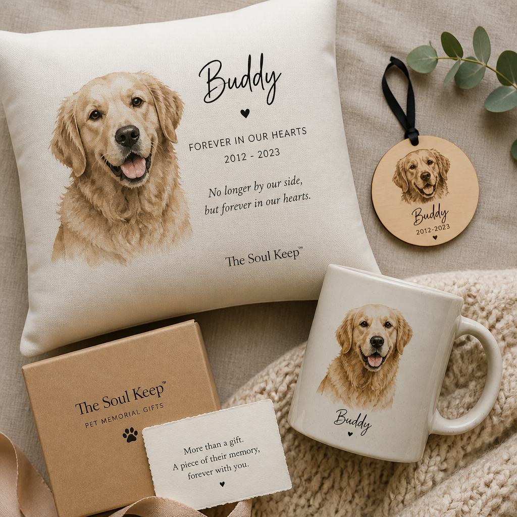 Collection of personalized pet memorial products arranged on neutral background