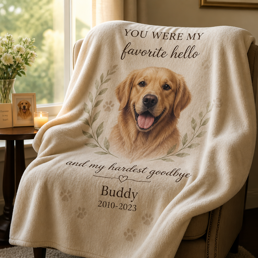 Pet memorial blanket in a sunlit room creating a peaceful space