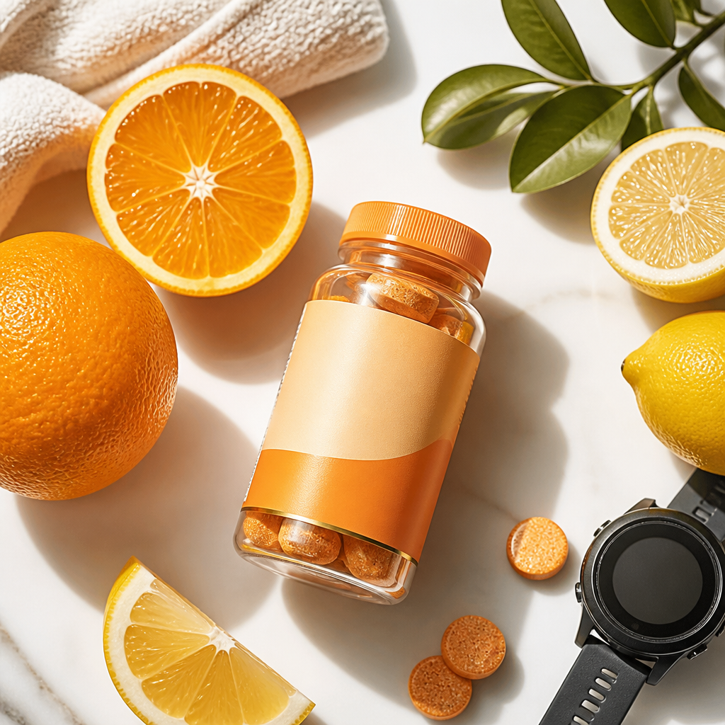 Plusssz UK vitamin C supplement with citrus fruits and sports watch on white surface