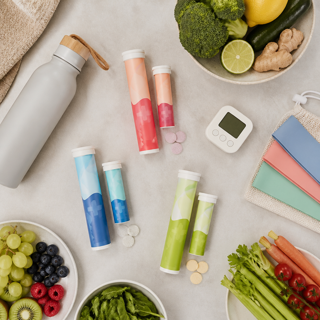 Plusssz UK supplements arranged with hydration and fitness essentials