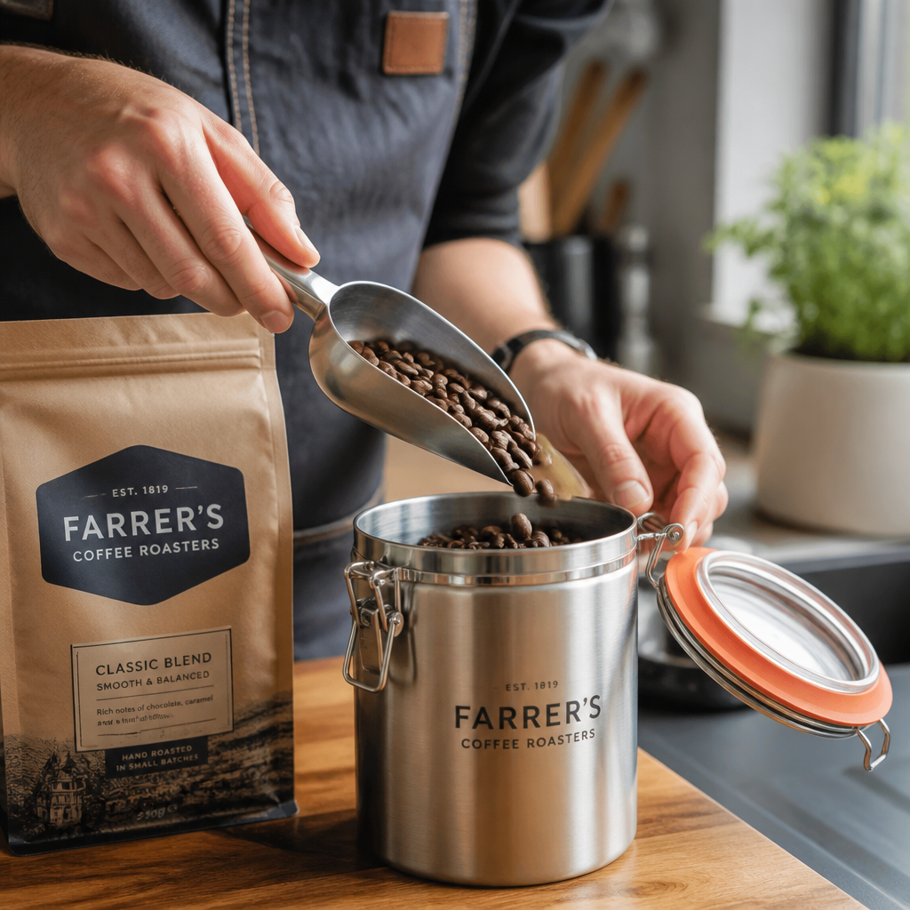 Freshly roasted coffee beans being stored in an airtight stainless steel canister