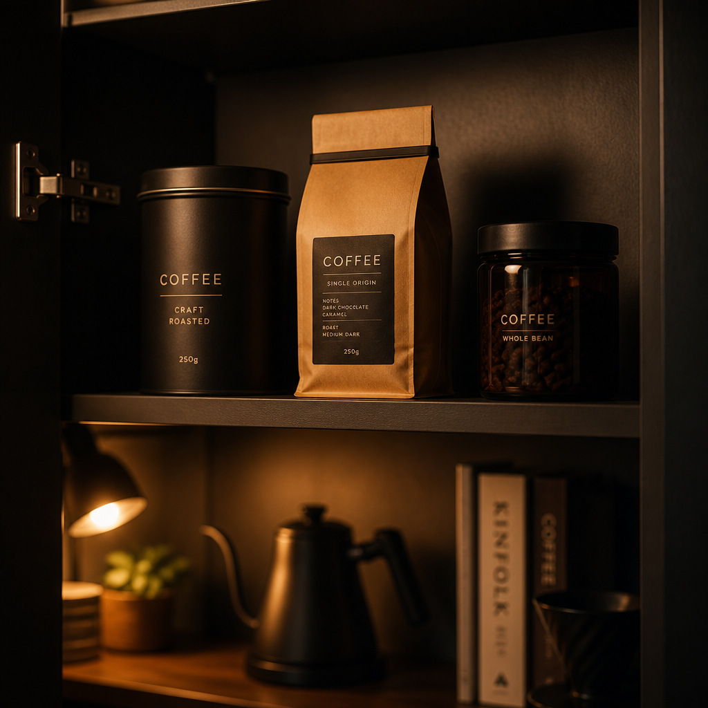 Properly stored coffee containers in an ideal cool, dark kitchen cupboard location