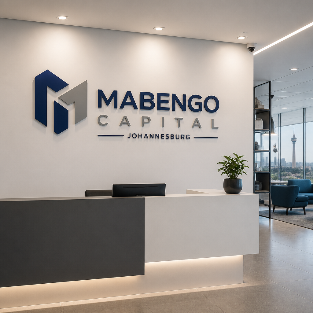 Modern corporate reception with dimensional acrylic logo signage mounted on wall