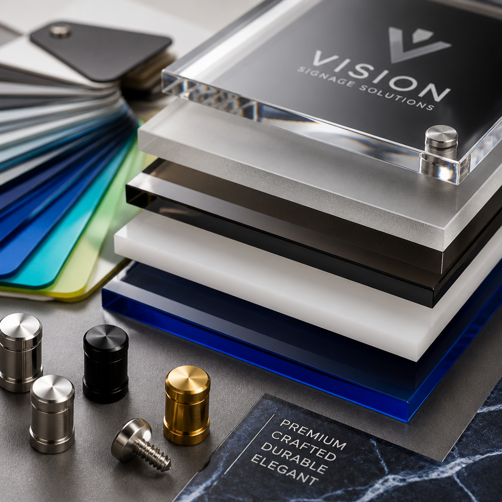 Acrylic signage material samples showing different finishes and edge quality