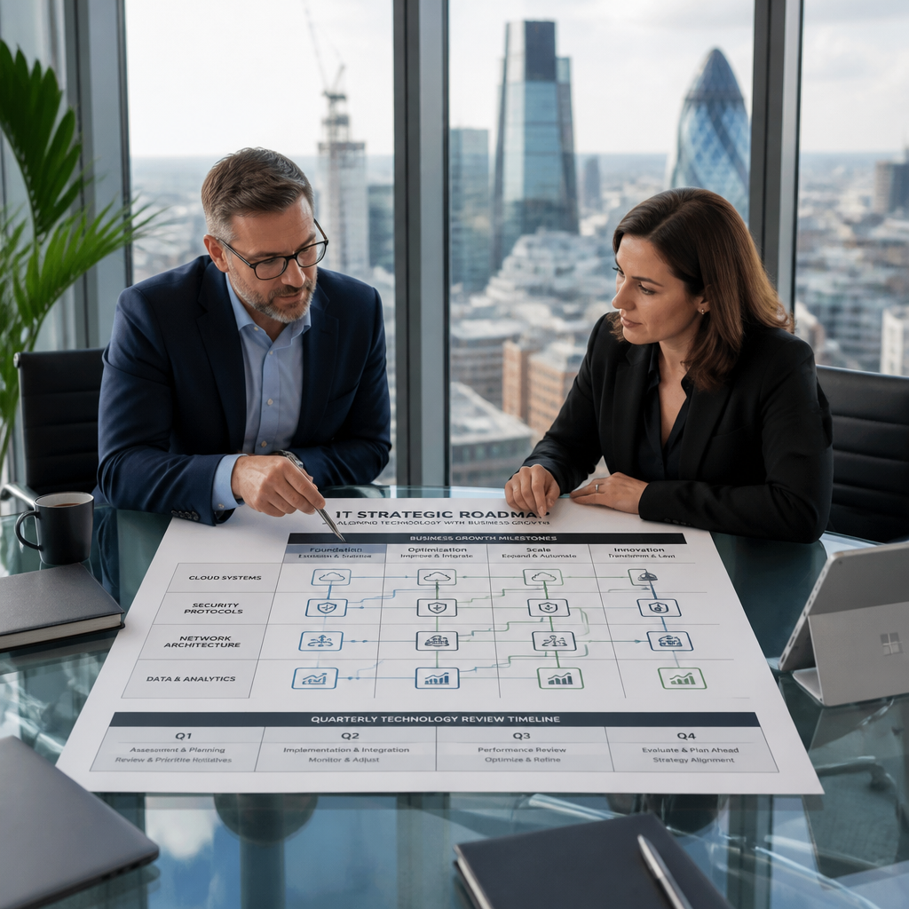 SME business owner and IT consultant reviewing a technology roadmap at a conference table