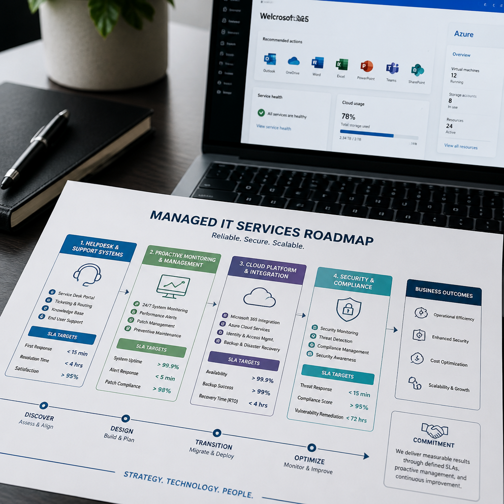 IT strategy roadmap document with cloud management dashboard displayed on laptop