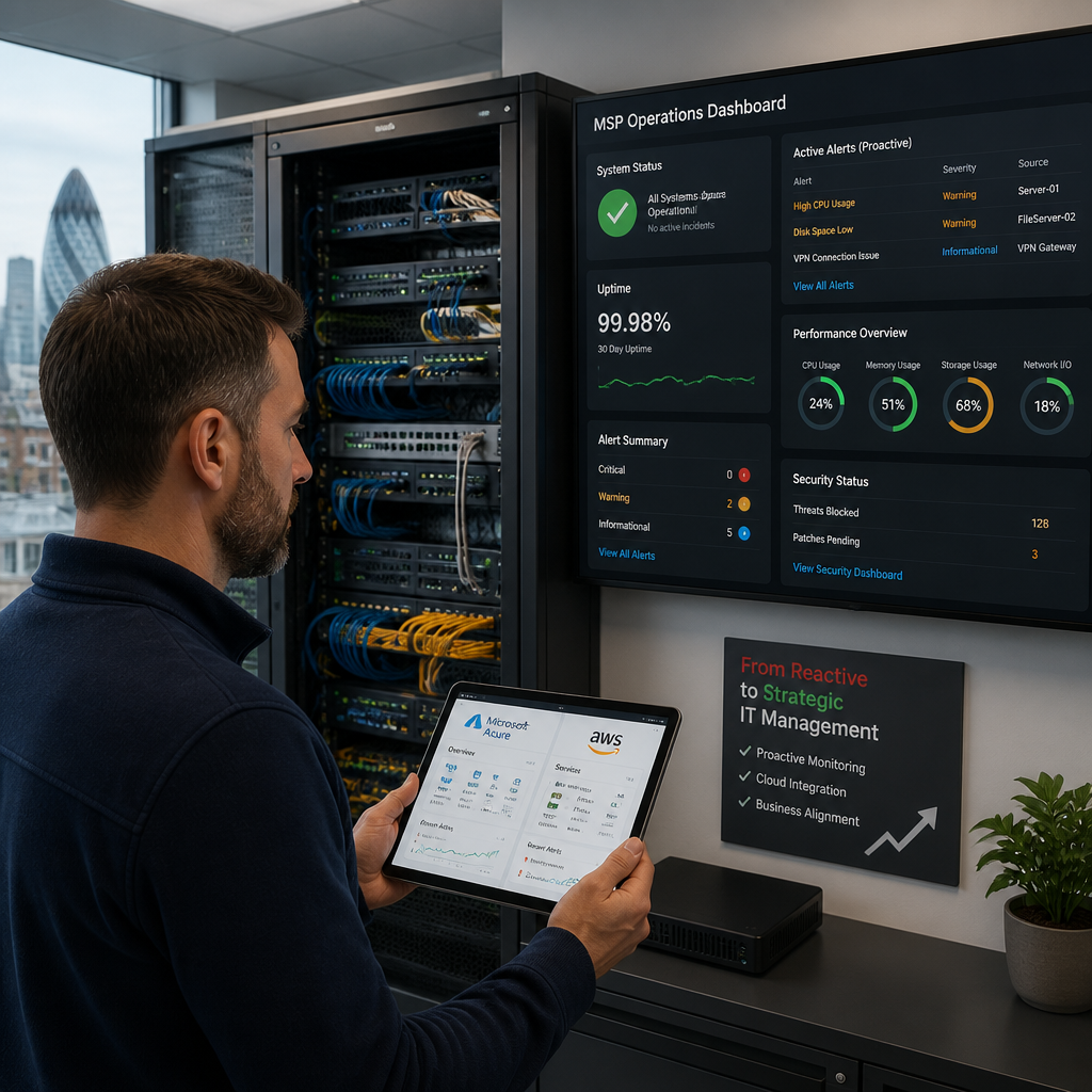 Modern office IT infrastructure and cloud monitoring system displaying managed services dashboards
