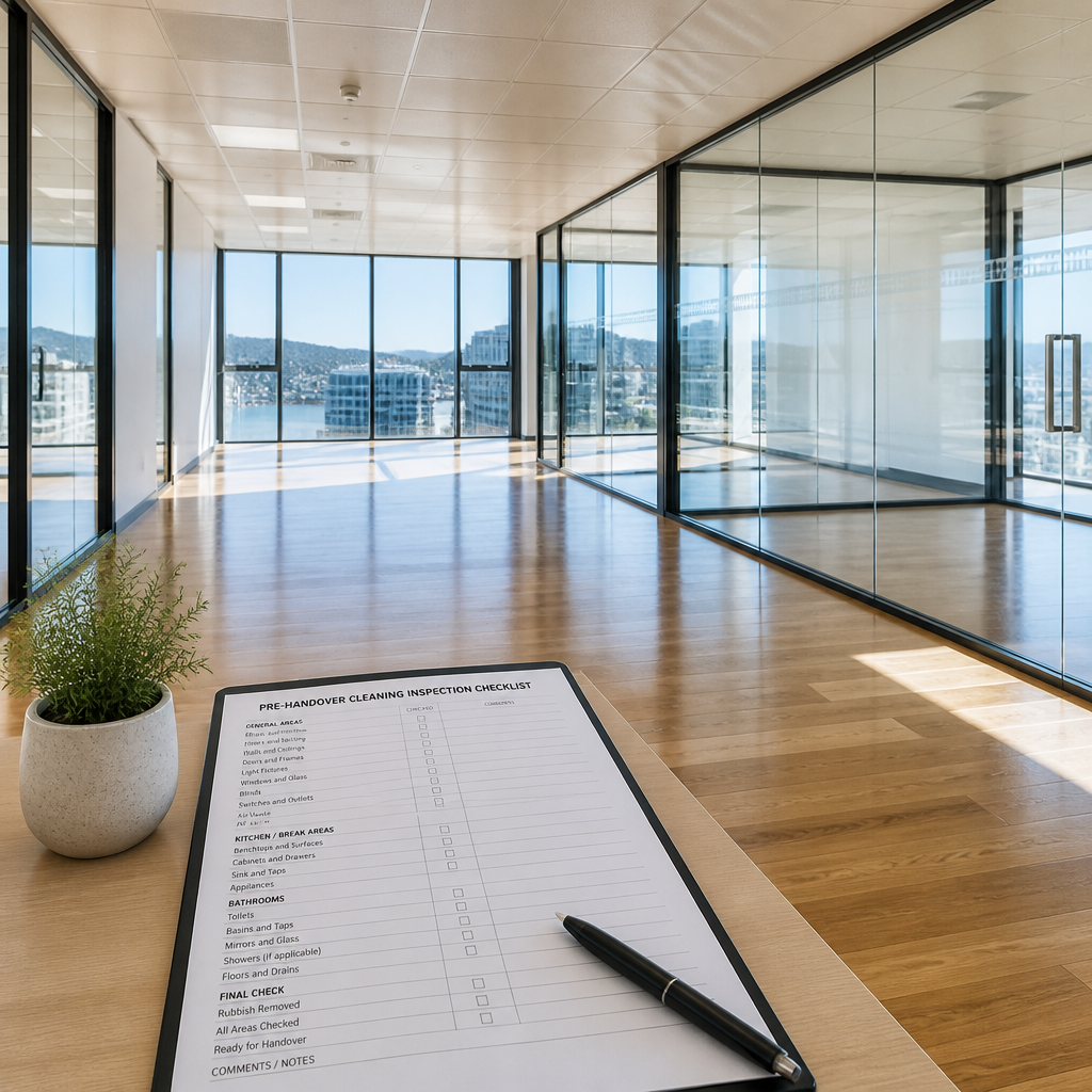 Empty office space with polished floors and clean windows ready for final handover inspection