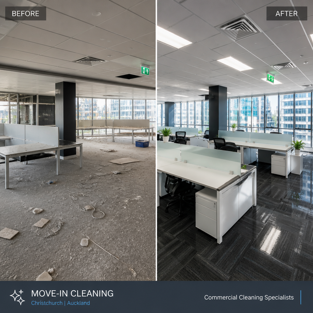 Before and after comparison of commercial office move-in cleaning transformation