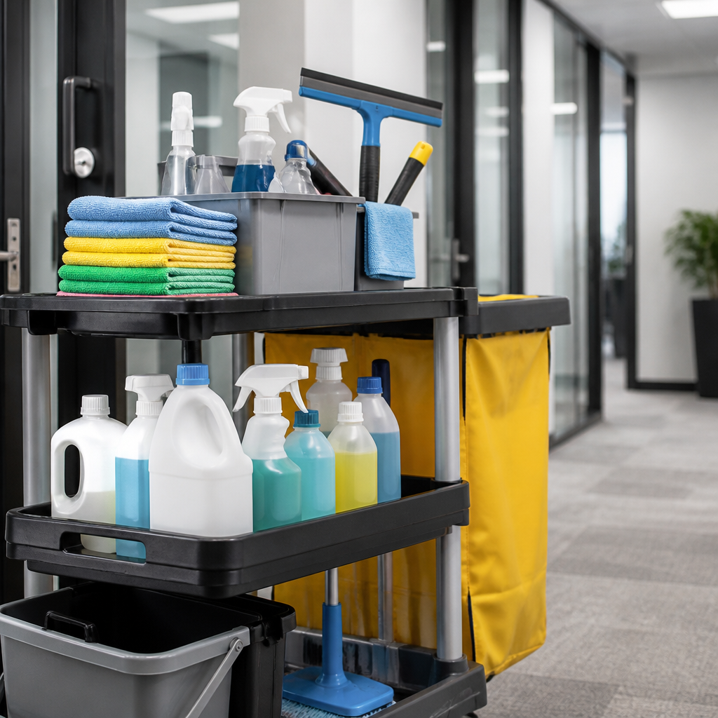 Professional cleaning equipment and supplies organized for commercial office relocation cleaning