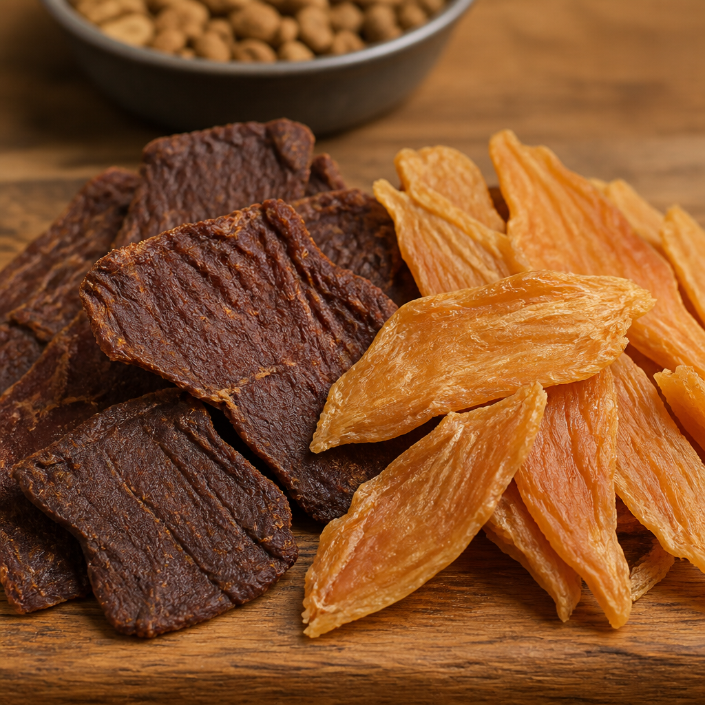 Premium air-dried meat dog treats displayed on a wooden surface