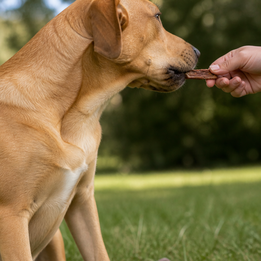 Dog enjoying a natural meat treat outdoors