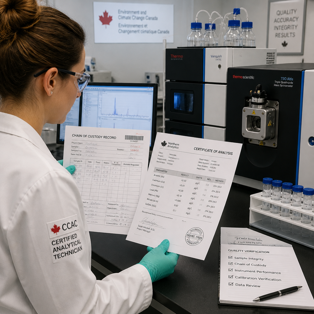 Lab technician reviewing COA documentation and quality verification results for peptide compound testing