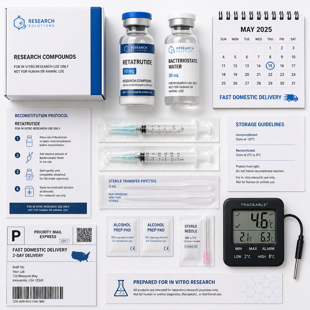Retatrutide compound with reconstitution supplies and storage essentials for research laboratory preparation