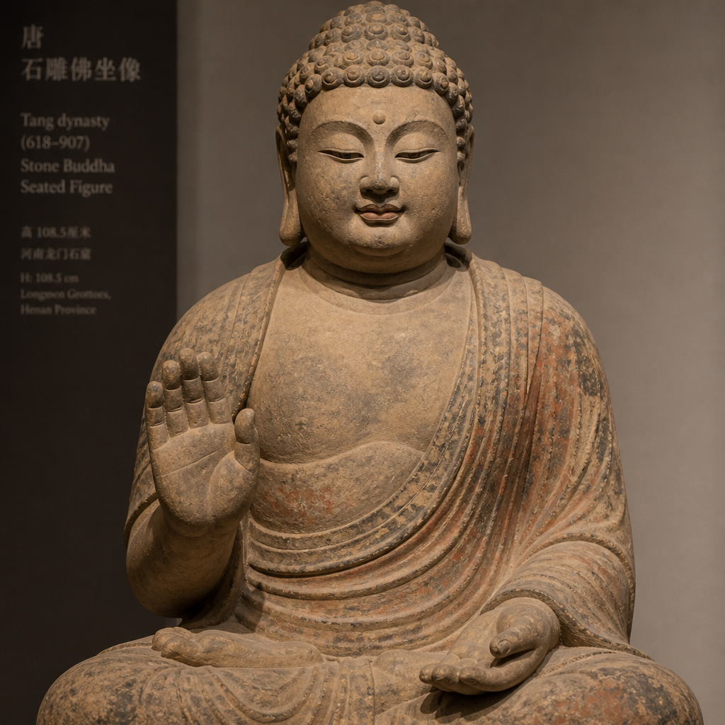 Close-up of a Tang dynasty Buddhist sandstone statue displaying the characteristic full, rounded proportions and serene expression typical of the Tang period