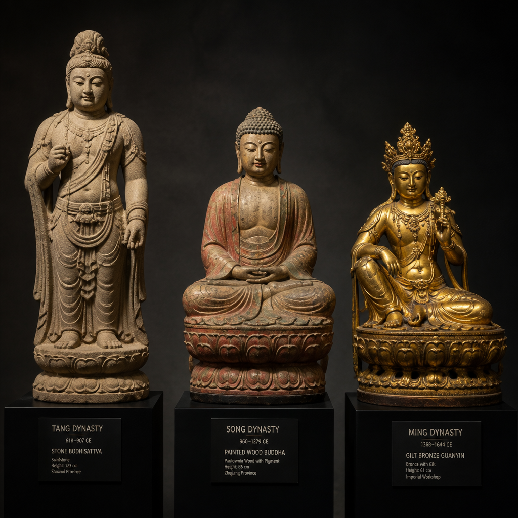 Three Chinese Buddhist sculptures from Tang, Song, and Ming dynasties arranged together, showing distinct materials and artistic styles across periods