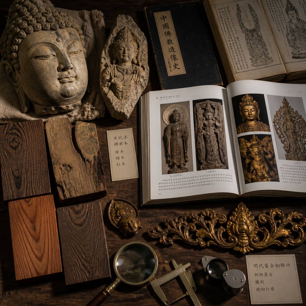 Collector's reference materials displaying samples of Tang sandstone, Song painted wood, and Ming gilt bronze Buddhist sculptural elements with examination tools