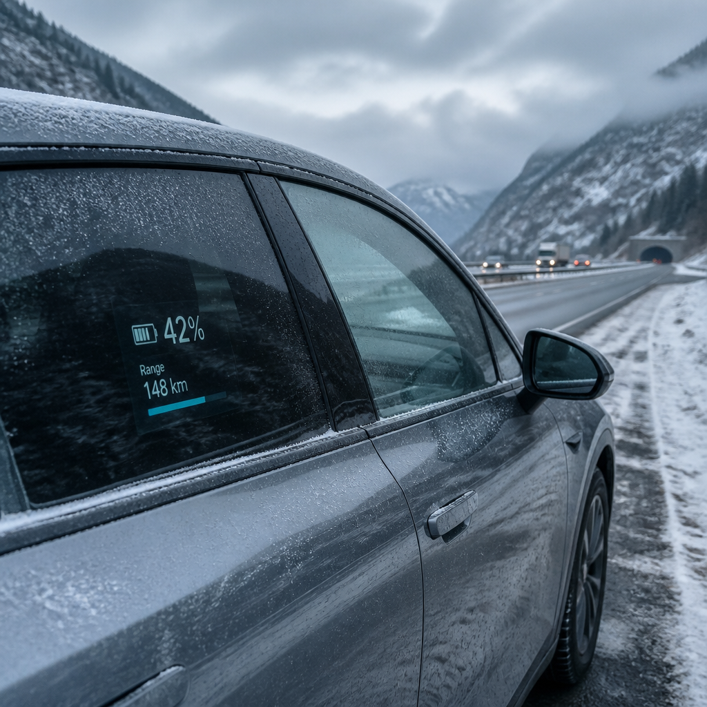 Electric vehicle in winter conditions on European highway illustrating real-world range reduction factors
