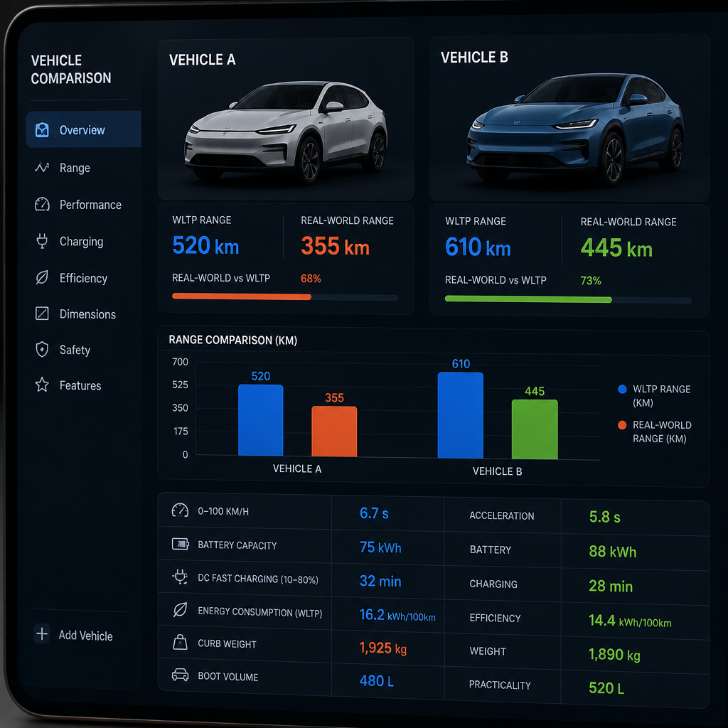 Digital comparison tool interface displaying WLTP versus real-world EV range data for multiple vehicles