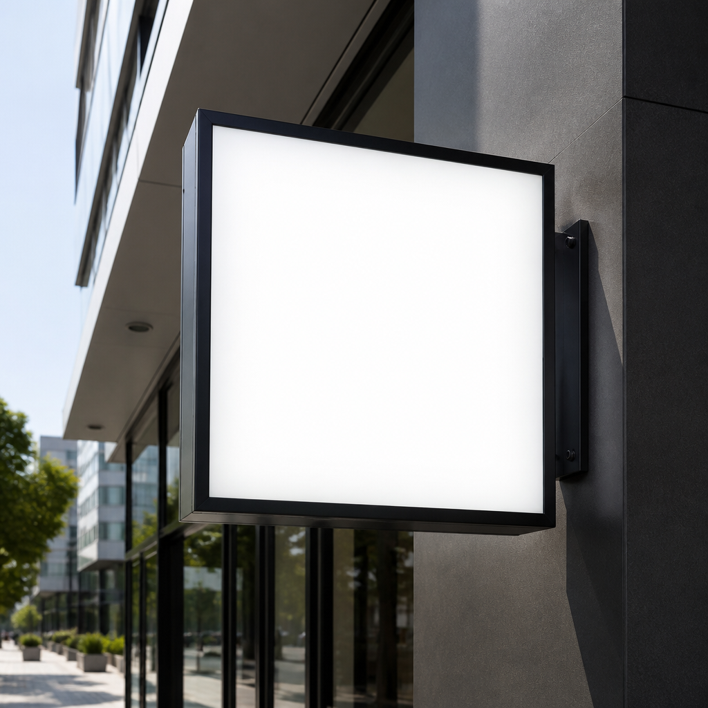 Illuminated light box sign on retail storefront facade showing LED backlighting and uniform light distribution