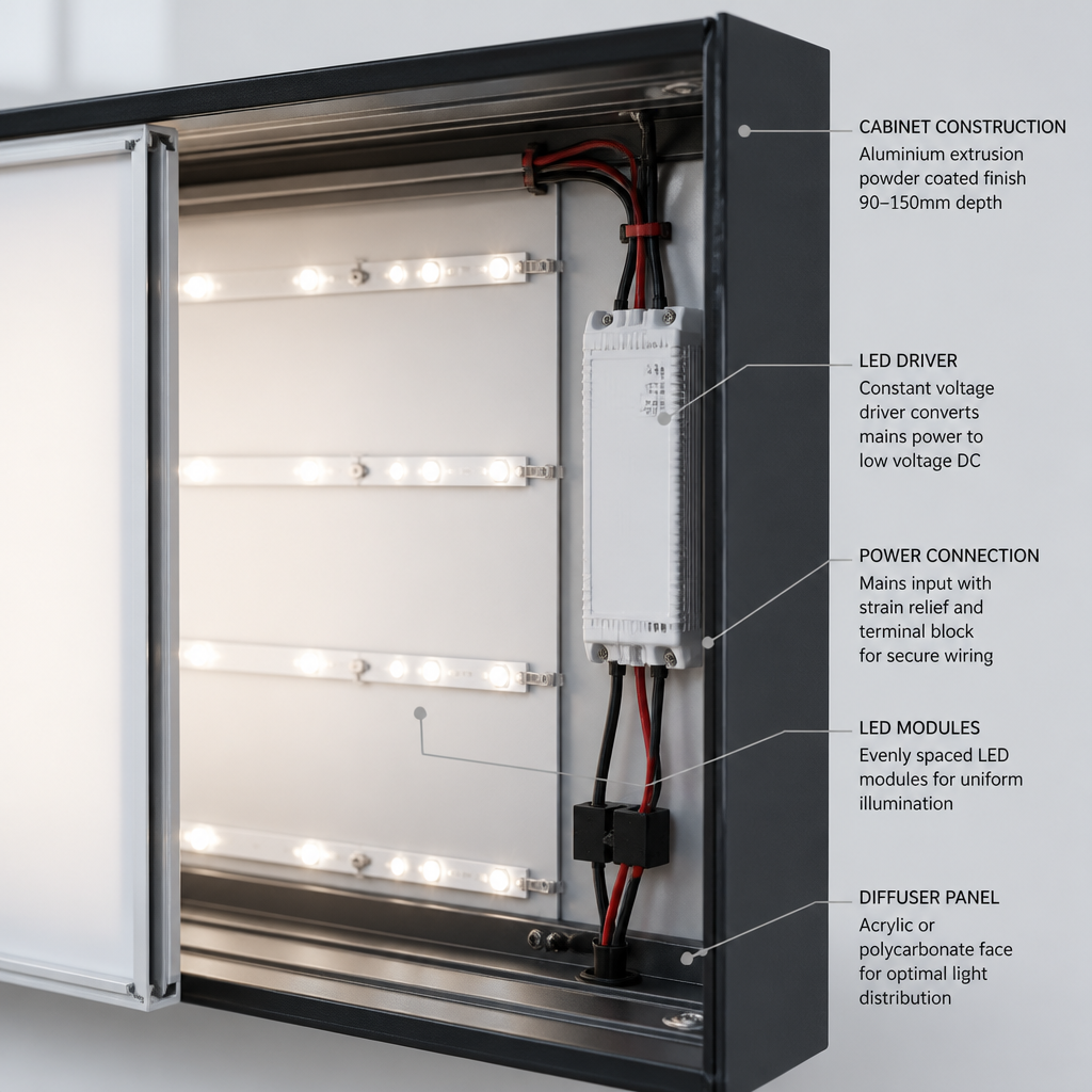 Interior cabinet assembly of light box sign showing LED driver, electrical connections, and construction depth