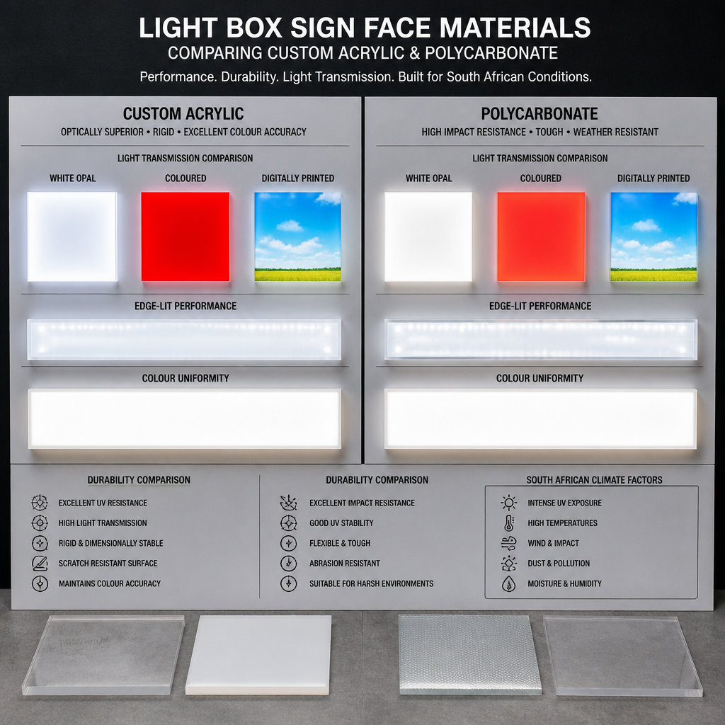 Side-by-side comparison of acrylic and polycarbonate light box sign face materials showing light transmission and durability