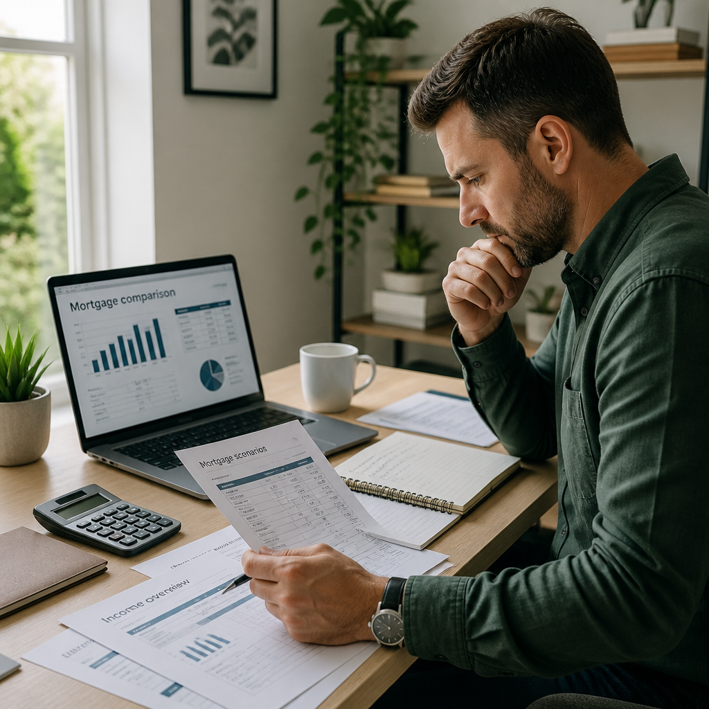 Self-employed professional reviewing mortgage documents and financial charts at a modern desk