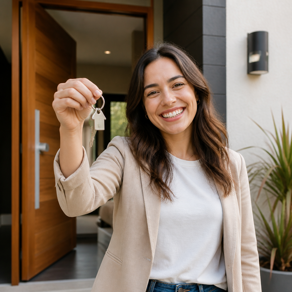 First-time buyer holding keys to their new home entrance