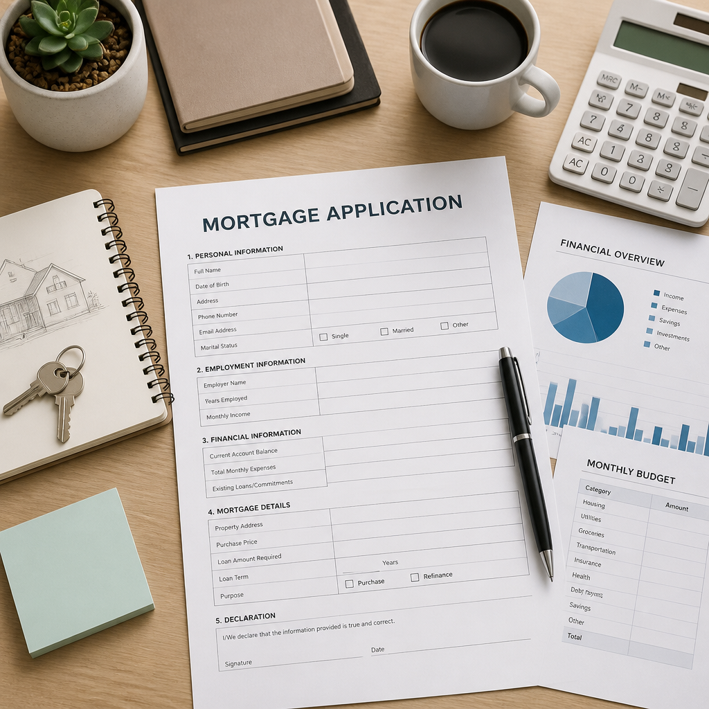 Mortgage application documents, calculator, and financial planning materials arranged on a desk