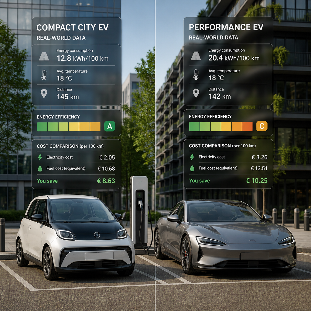 Two electric vehicles parked on European street with floating consumption and efficiency data overlays