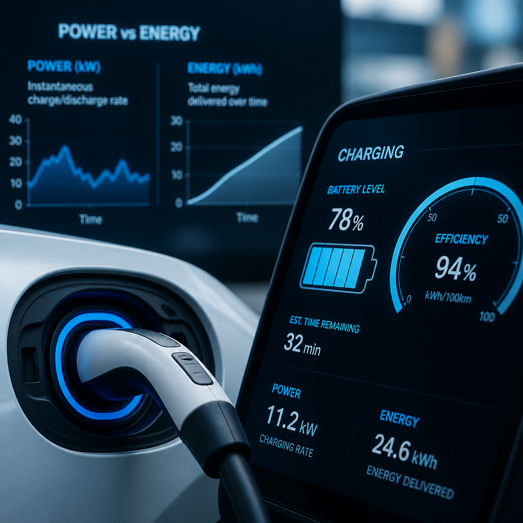 EV charging port and dashboard efficiency meter showing power and consumption data