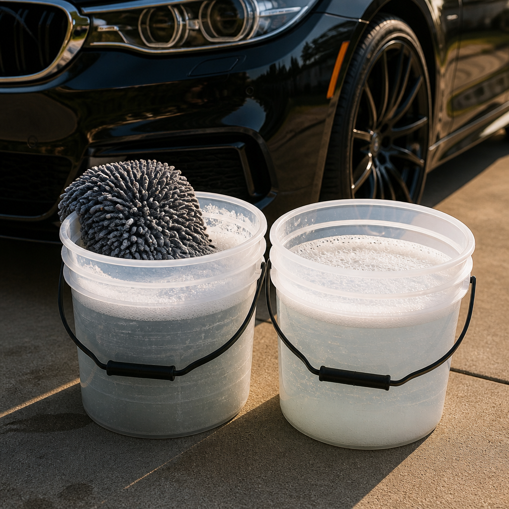 Two buckets with soapy water and microfiber wash mitt demonstrating proper two bucket wash method setup