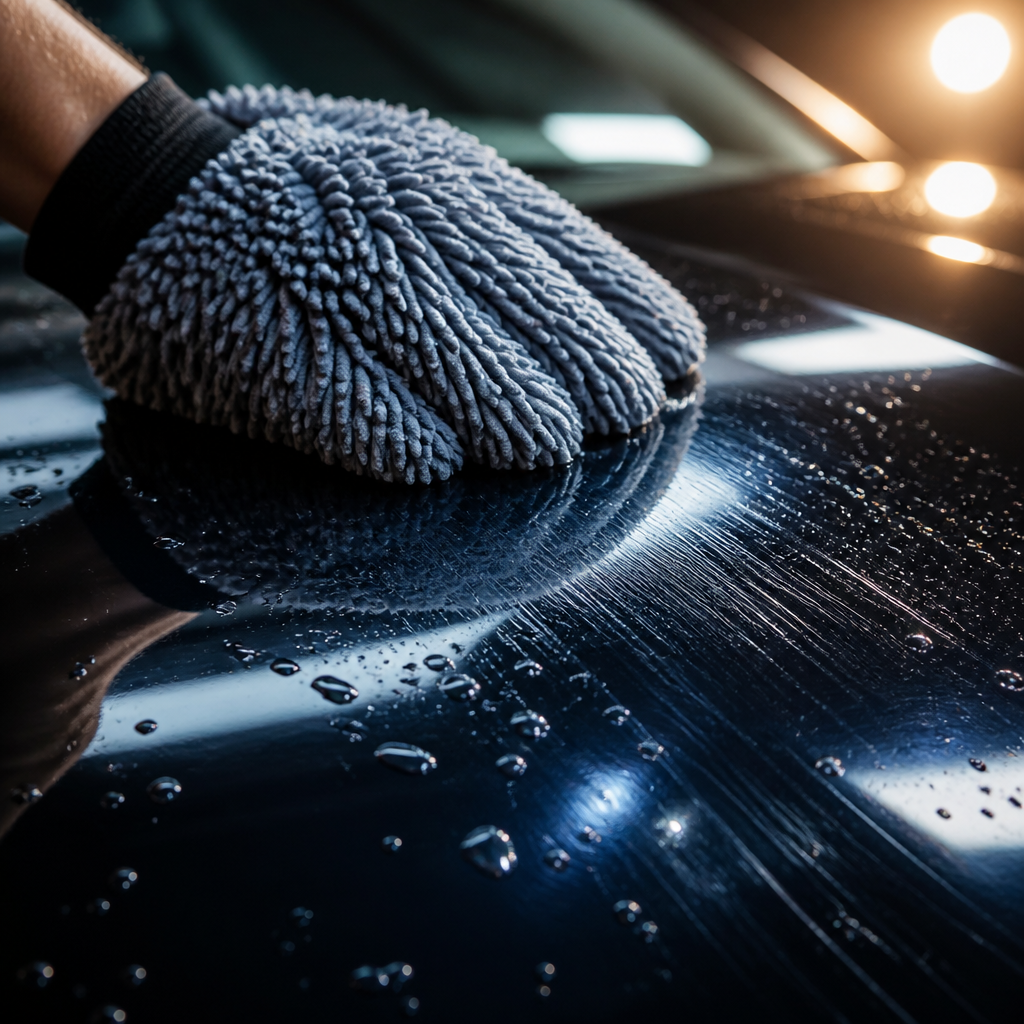 Close-up of microfiber mitt on car paint surface illustrating how improper washing creates swirl marks