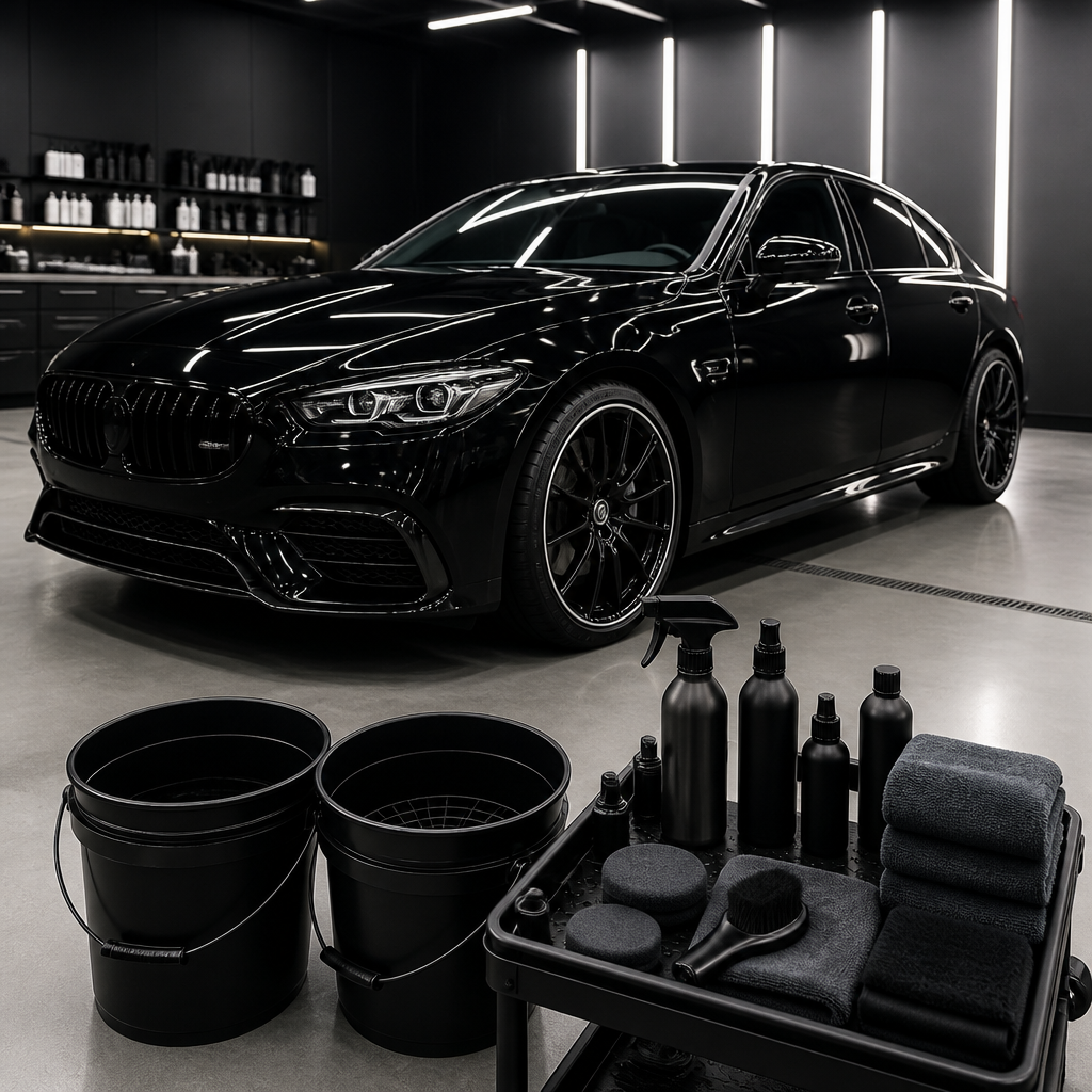 Premium luxury vehicle with ceramic coating in professional detailing facility demonstrating professional wash standards