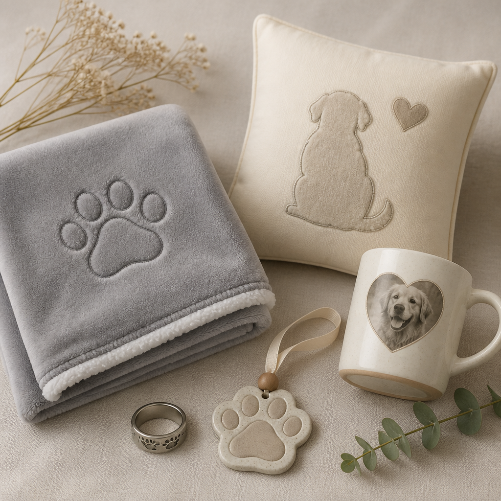 Collection of pet memorial products including engraved ring, ceramic mug, custom blanket, pillow, and car ornament arranged on a neutral background