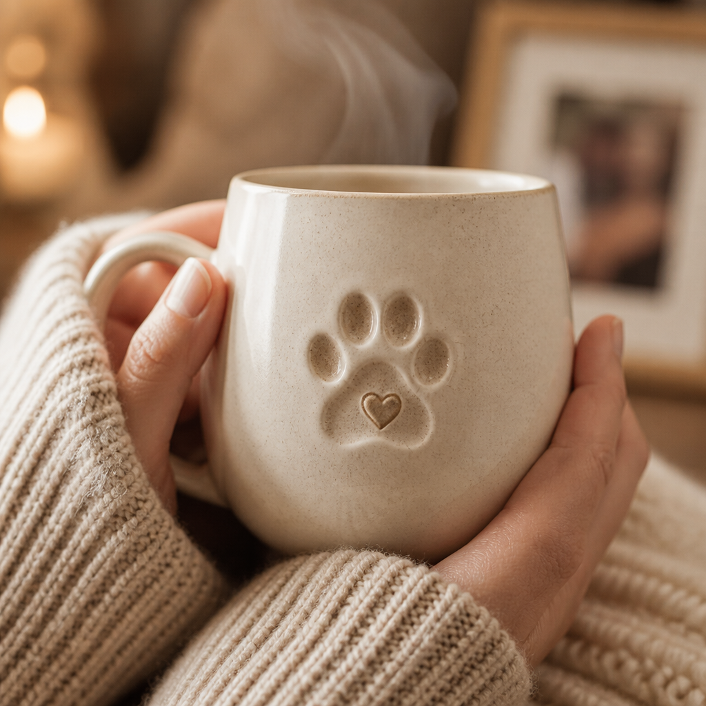 Hands holding a personalized memorial mug with pet silhouette engraving and warm beverage