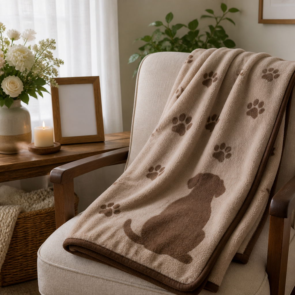 Custom pet memorial blanket with paw print design draped thoughtfully in a home setting