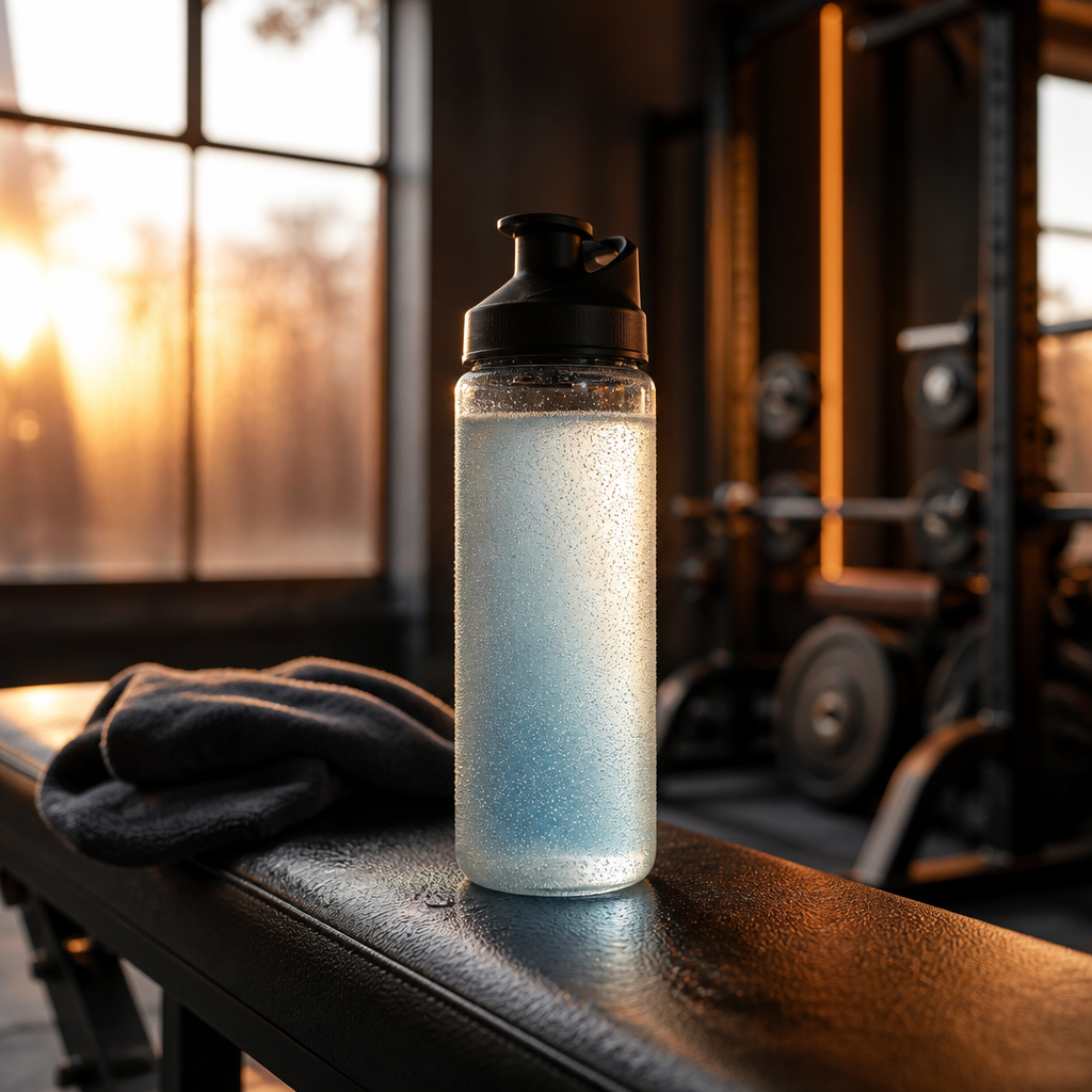 Electrolyte hydration drink in sports bottle on gym bench with steamy background