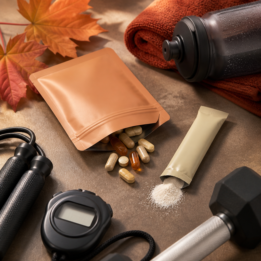 Multivitamin and electrolyte supplements arranged with gym training accessories in flat-lay