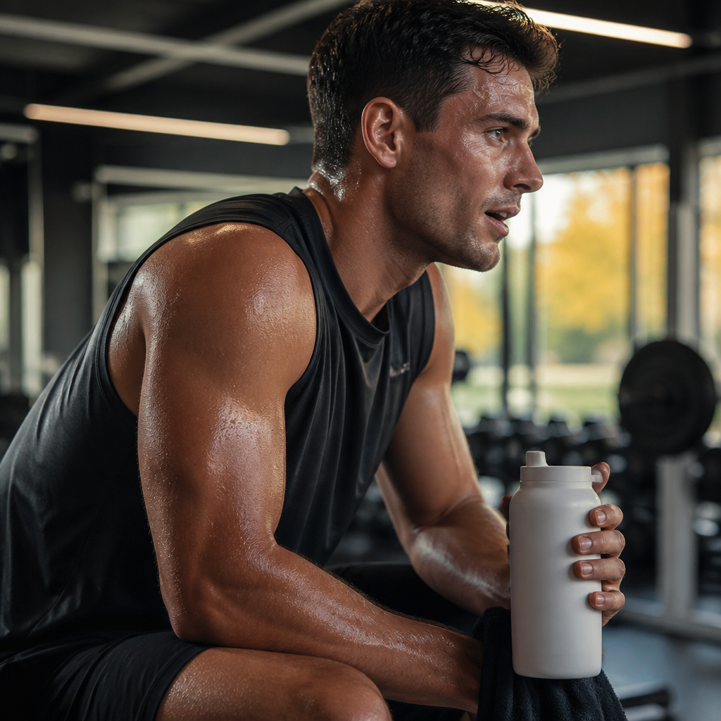Athlete perspiring heavily during intense indoor gym training in heated facility