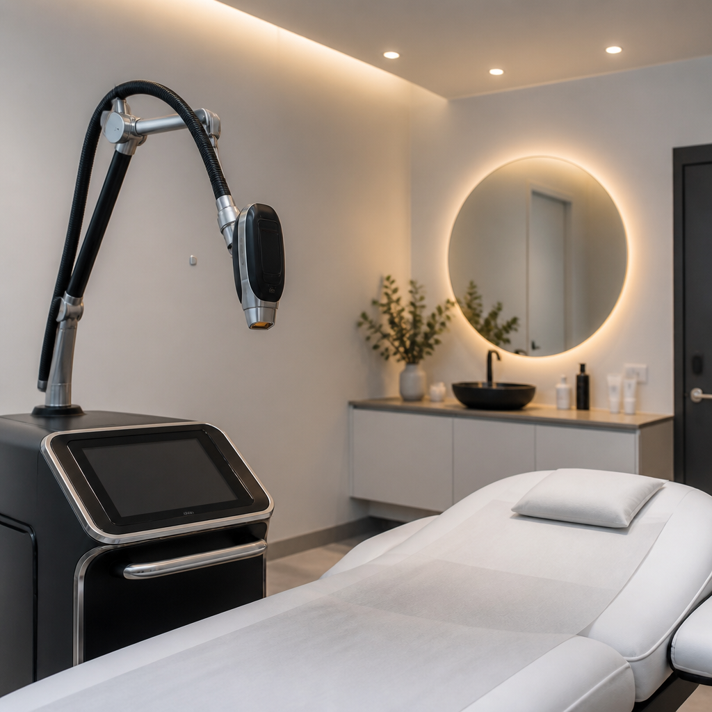State-of-the-art laser hair removal equipment in a modern, professional clinic treatment room