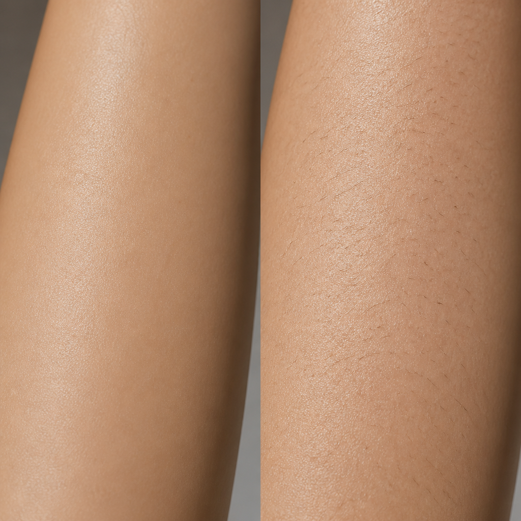 Visual comparison of smooth, laser-treated skin versus untreated skin with visible hair regrowth